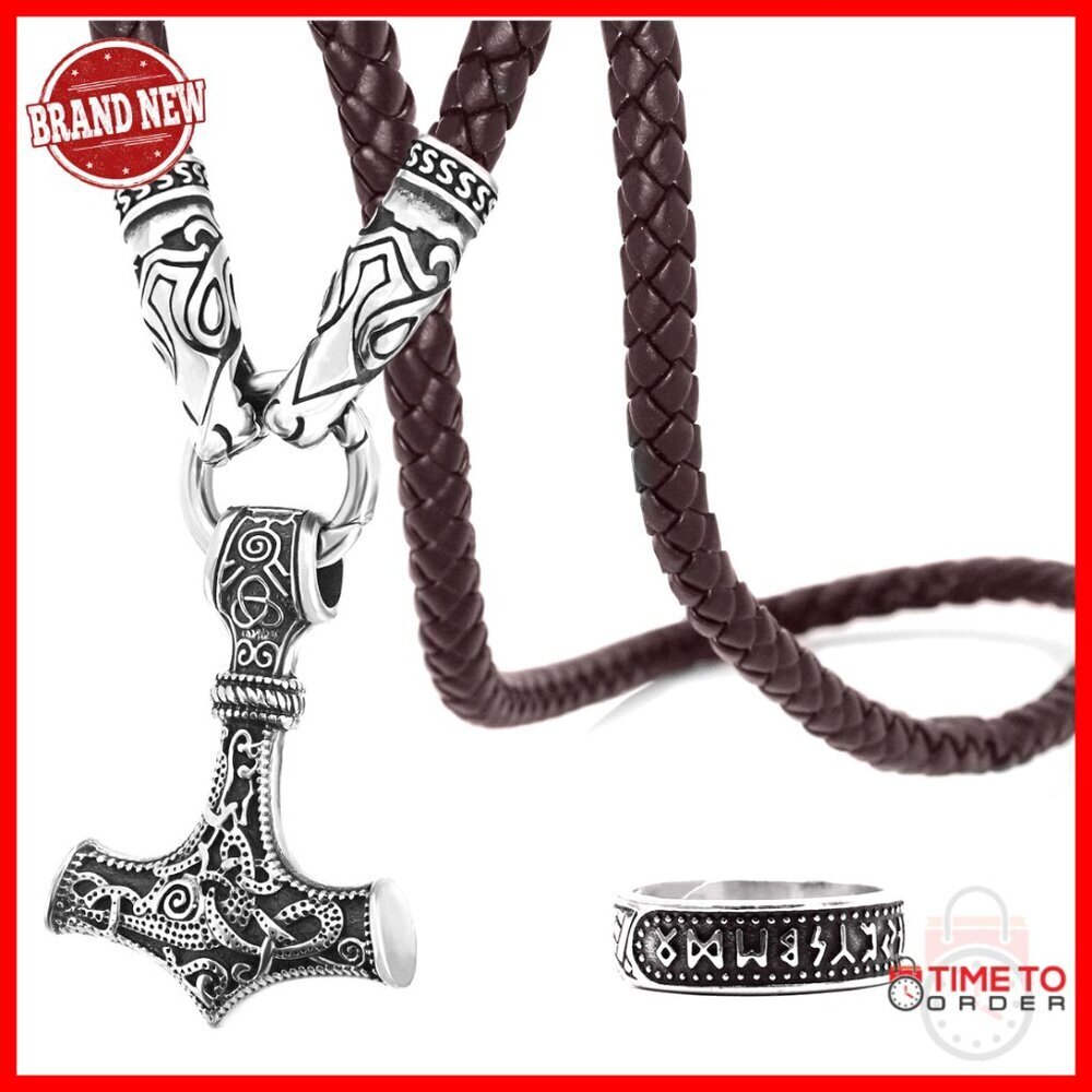 Stainless Steel Viking Thor Hammer Wolf Head Necklace Protection Talisman